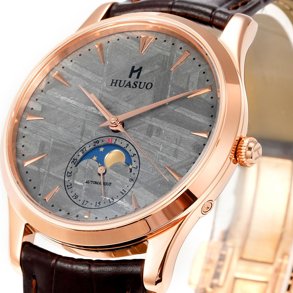 HUASUO Luxury 39mm Meteorite Dial Moon Phase Men's Watches Huasuo Watch Store