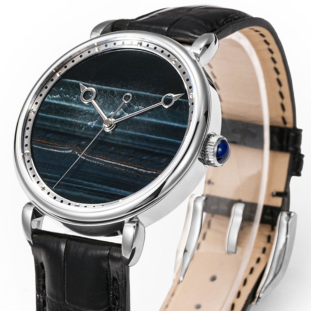 HUASUO 41mm Yelllow Or Blue Tiger's Eye Stone Dail Watches Huasuo Watch Store