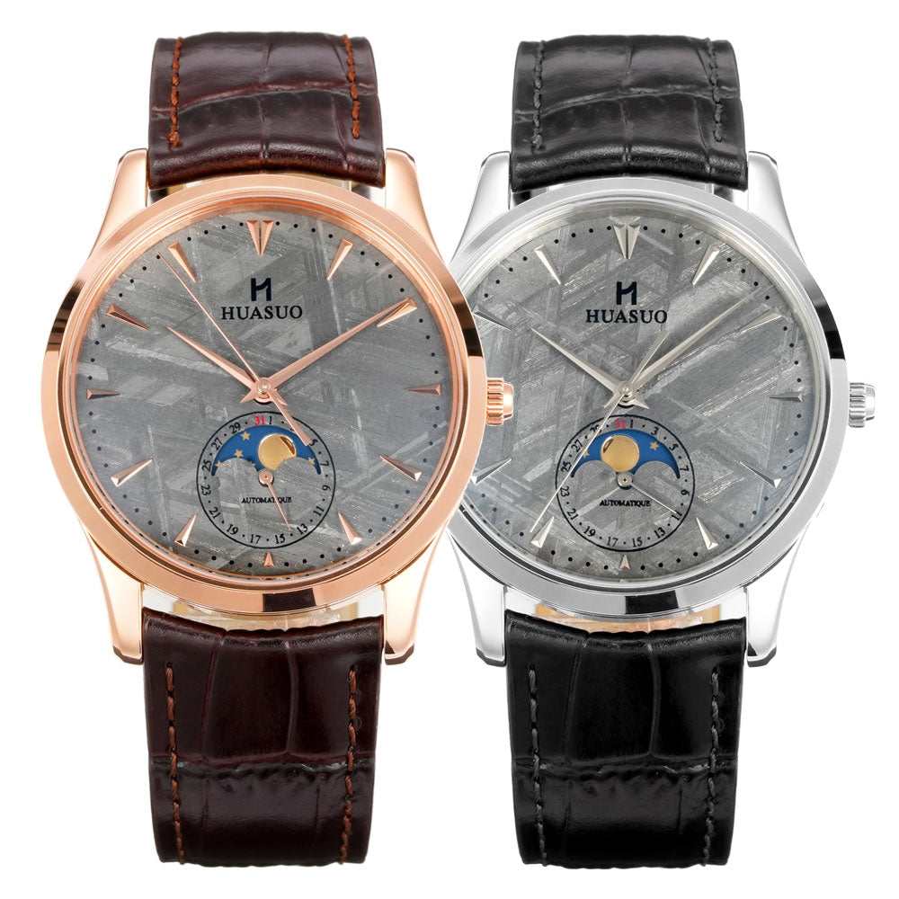 HUASUO Luxury 39mm Meteorite Dial Moon Phase Men's Watches Huasuo Watch Store