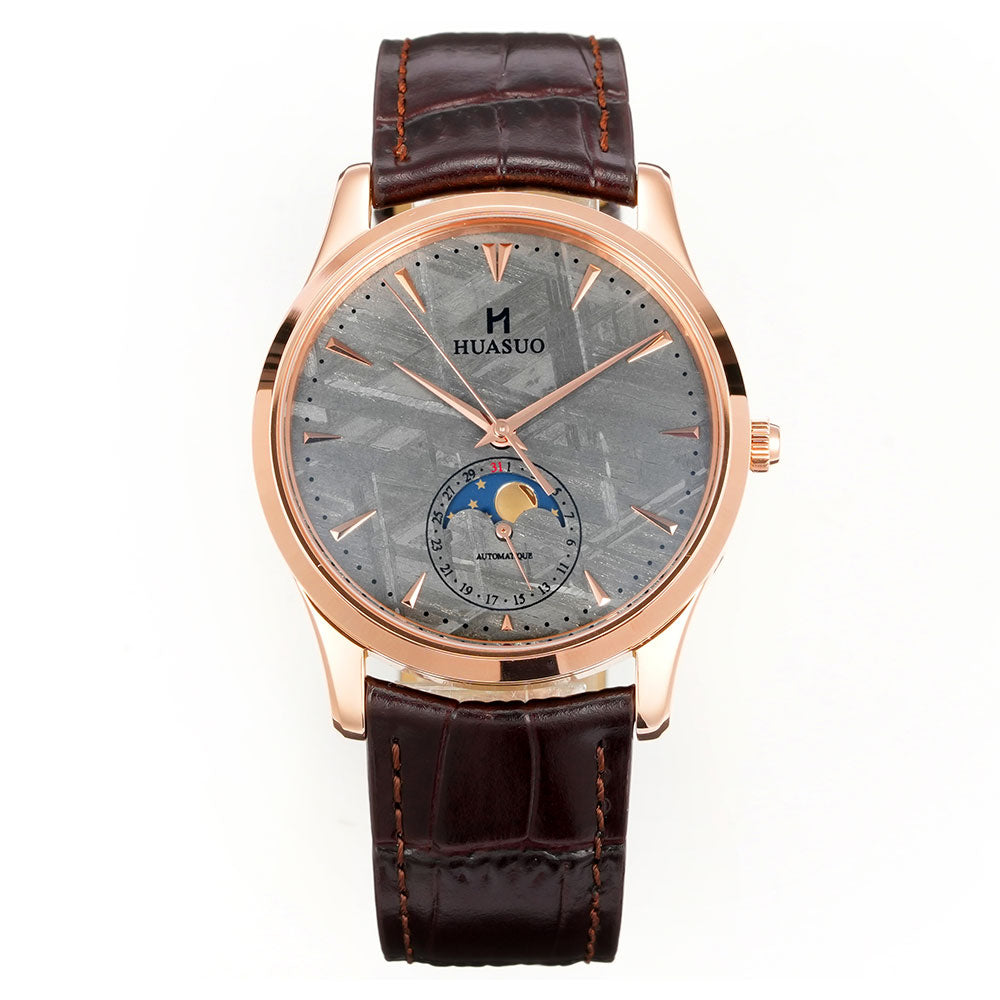 HUASUO Luxury 39mm Meteorite Dial Moon Phase Men's Watches Huasuo Watch Store