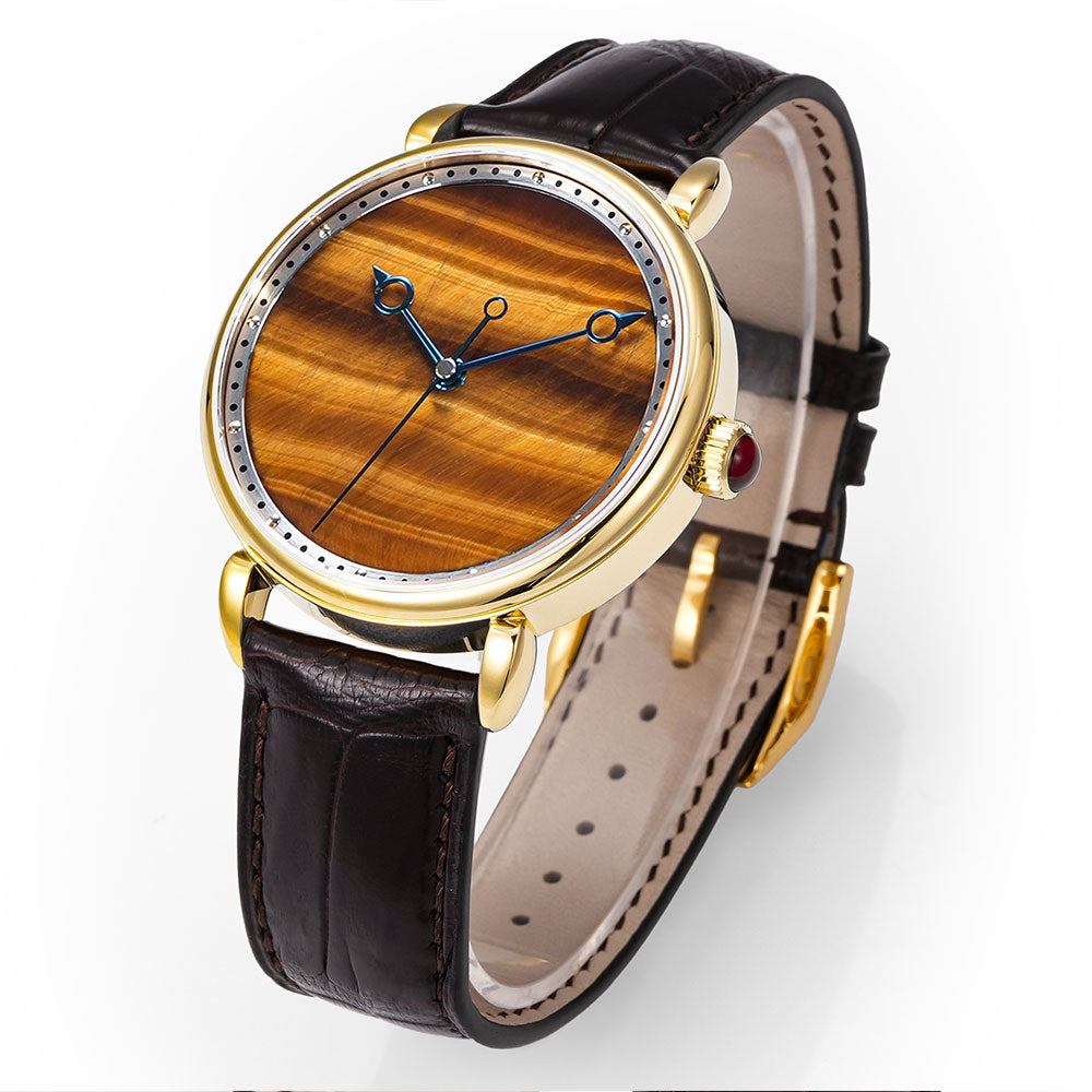 HUASUO 41mm Yelllow Or Blue Tiger's Eye Stone Dail Watches Huasuo Watch Store