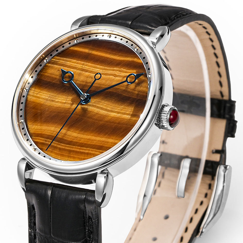 HUASUO 41mm Yelllow Or Blue Tiger's Eye Stone Dail Watches Huasuo Watch Store
