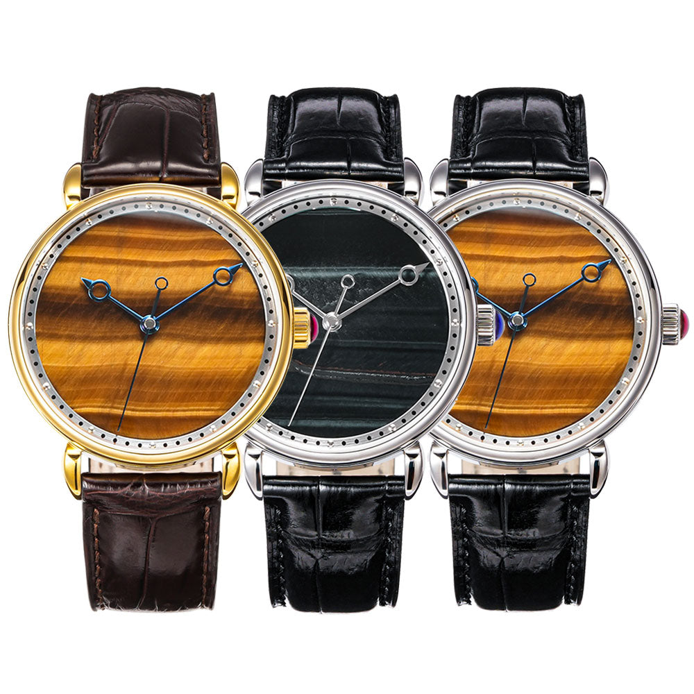 HUASUO 41mm Yelllow Or Blue Tiger's Eye Stone Dail Watches Huasuo Watch Store