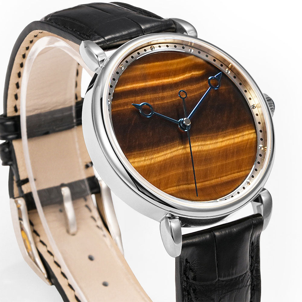 HUASUO 41mm Yelllow Or Blue Tiger's Eye Stone Dail Watches Huasuo Watch Store