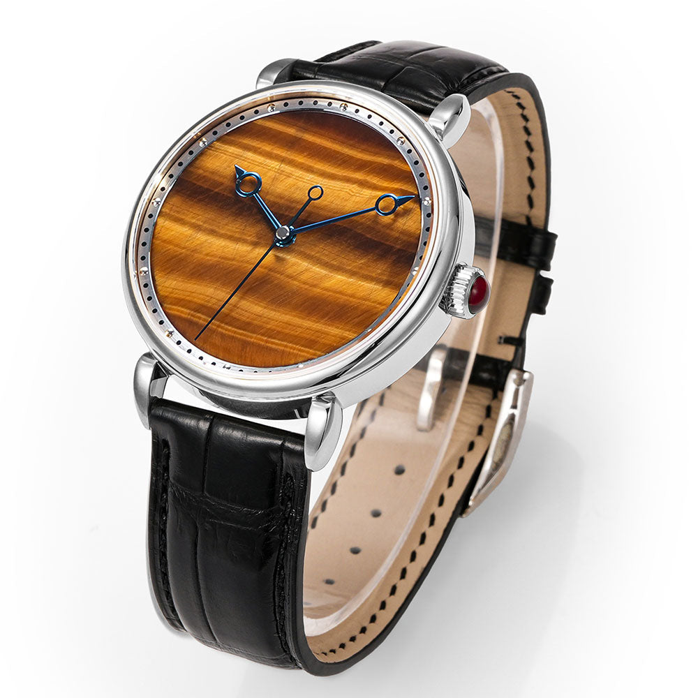 HUASUO 41mm Yelllow Or Blue Tiger's Eye Stone Dail Watches Huasuo Watch Store