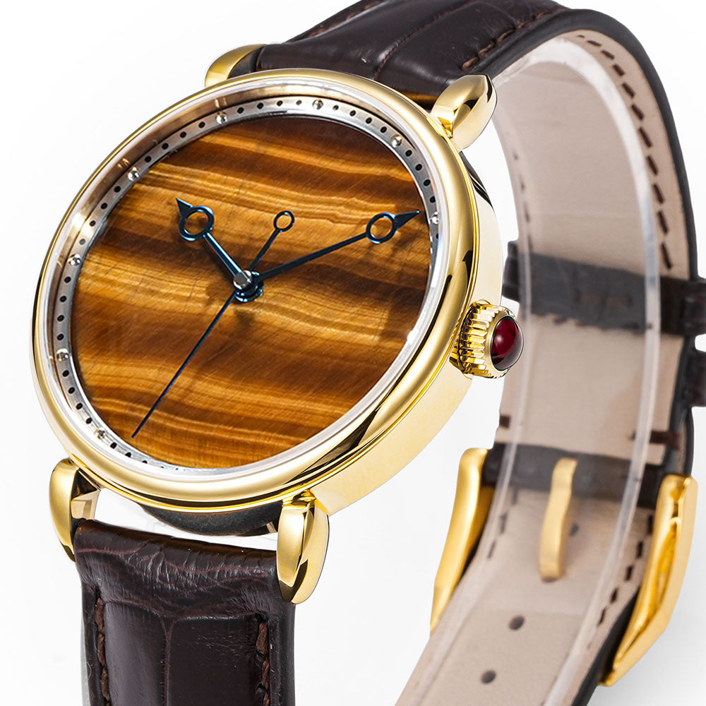HUASUO 41mm Yelllow Or Blue Tiger's Eye Stone Dail Watches Huasuo Watch Store