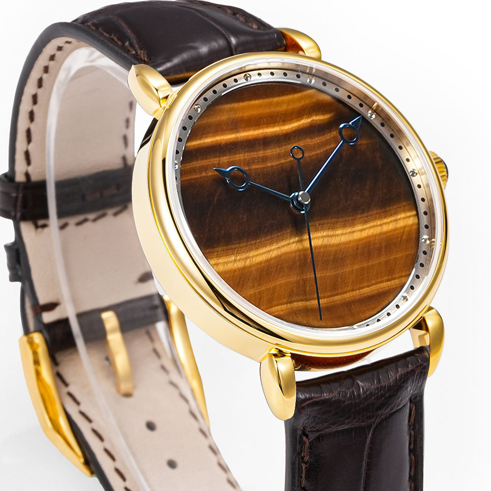 HUASUO 41mm Yelllow Or Blue Tiger's Eye Stone Dail Watches Huasuo Watch Store