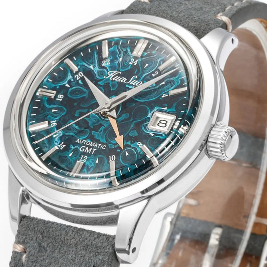 HUASUO 39mm Luxury Handmade Lacquer Dial GMT Men's Watch – Automatic NH34 GMT Mechanical Watch