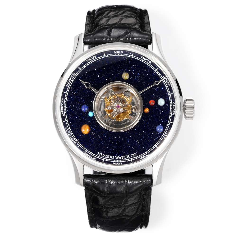 HUASUO 40mm Watch Sun Moon Stars Planet Gemstone Dial Mechanical Water ...