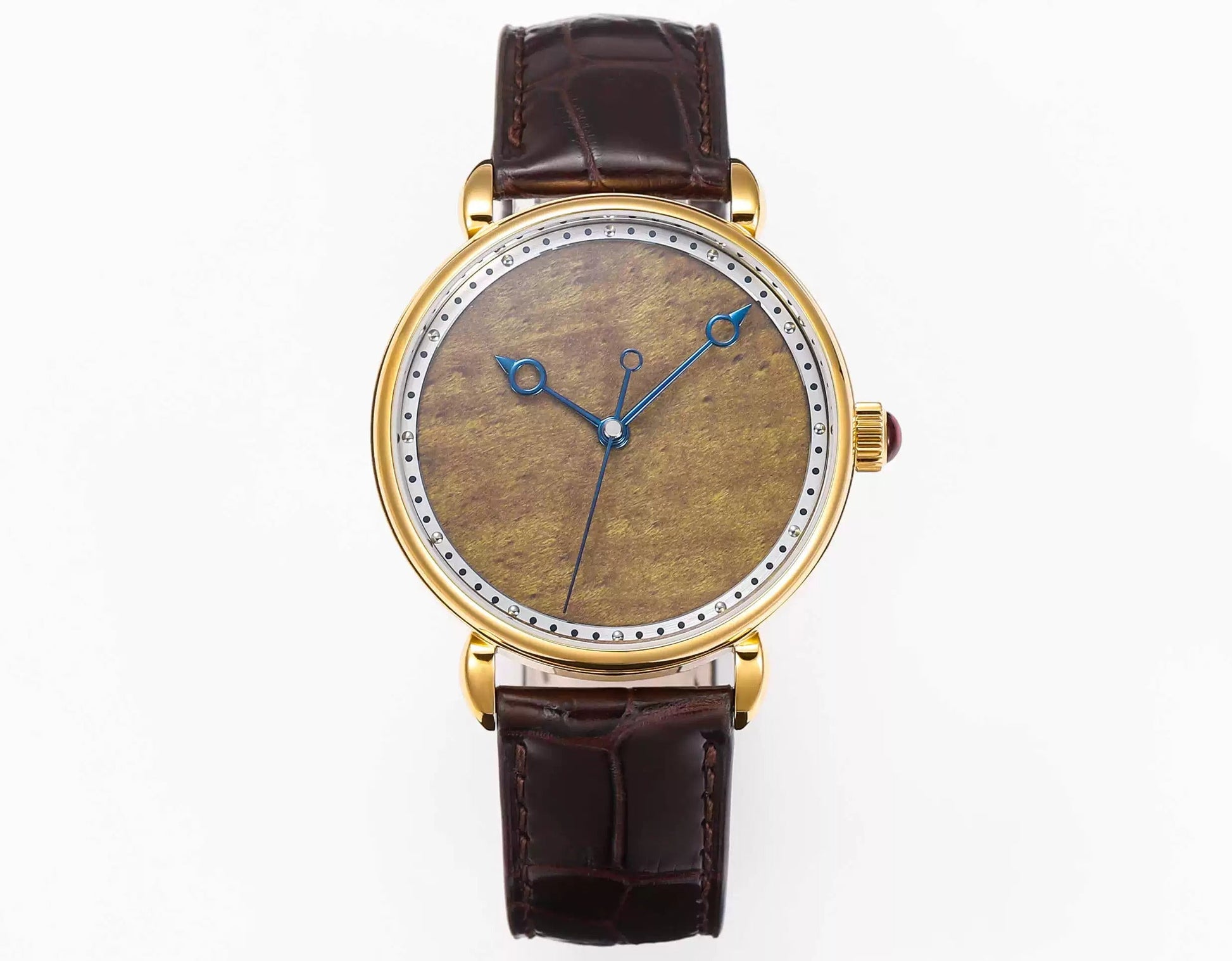 HUASUO Golden Nanmu Wood Dial polished Blue Steel Hands Dress Watch Huasuo Watch Store