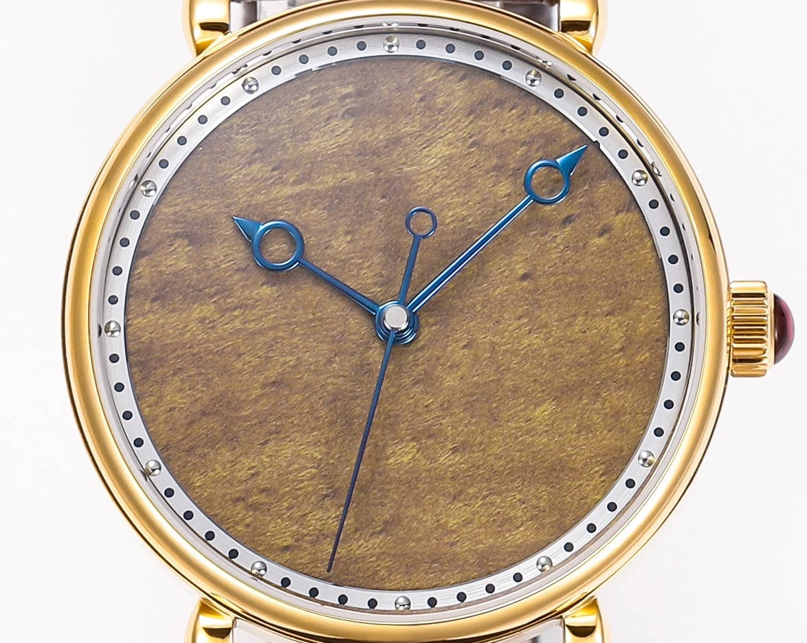 HUASUO Golden Nanmu Wood Dial polished Blue Steel Hands Dress Watch Huasuo Watch Store