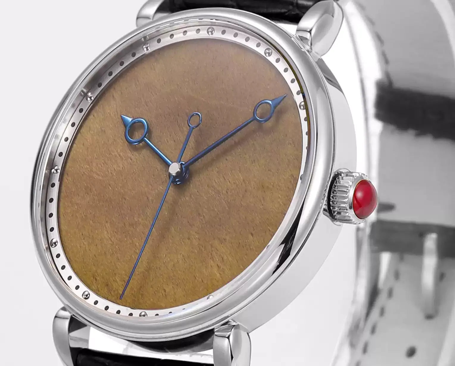 HUASUO Golden Nanmu Wood Dial polished Blue Steel Hands Dress Watch Huasuo Watch Store