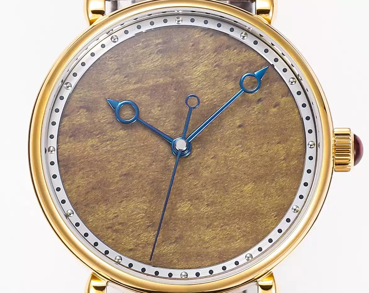 HUASUO Golden Nanmu Wood Dial polished Blue Steel Hands Dress Watch Huasuo Watch Store